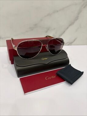 Cartier Silver Aviator Sunglasses with Burgundy Lenses